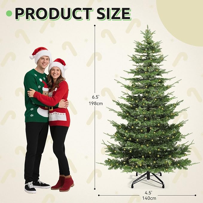 GOOBED Prelit Aspen Fir Realistic Christmas Tree 6.5ft with Remote Control, Pre-lit Hinged Xmas Tree with Glittering Diamond Tips, Holiday Decor for Holidays, Parties, Green