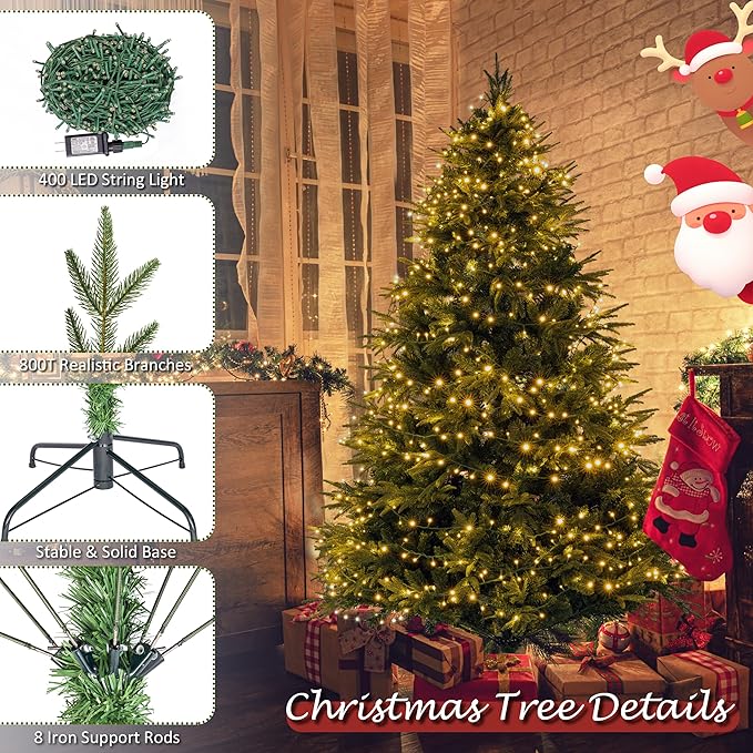 Sunnyglade 6ft Artificial Christmas Tree with 400 LED Lights (Not pre-lit), Xmas Tree Full Tree with 800 Branch Tips & 11 Modes Light, RGB & Warm White Light, Foldable Stand for Home, Party Decor