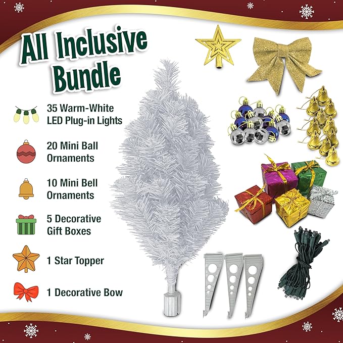 Small White Christmas Tree with Lights - 23 Inch Mini Tabletop Christmas Tree with Warm-White LED Lights, Hanging Ornaments, Decorative Bow and Gift Boxes - Table Tree for DIY Christmas Decoration