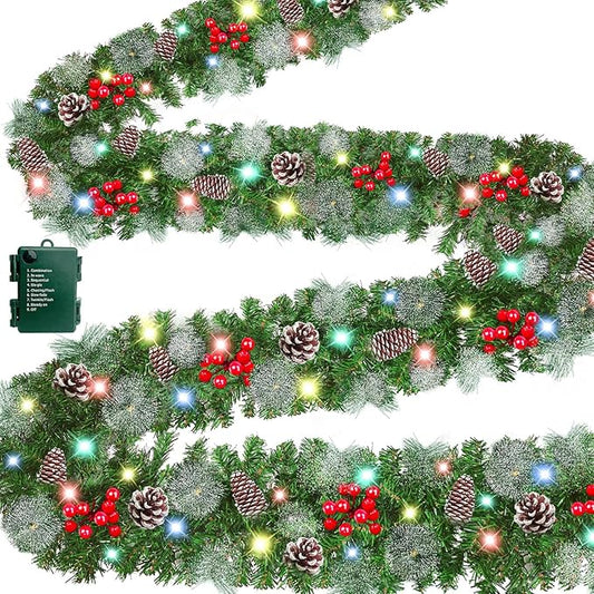 [ Timer & 8 Modes ] TURNMEON 9 Ft Christmas Garland with 50 Colorful Lights Thicker 270 Branchs Tips 10 Pinecones 70 Red Berries Lighted Garland Christmas Decorations Mantel