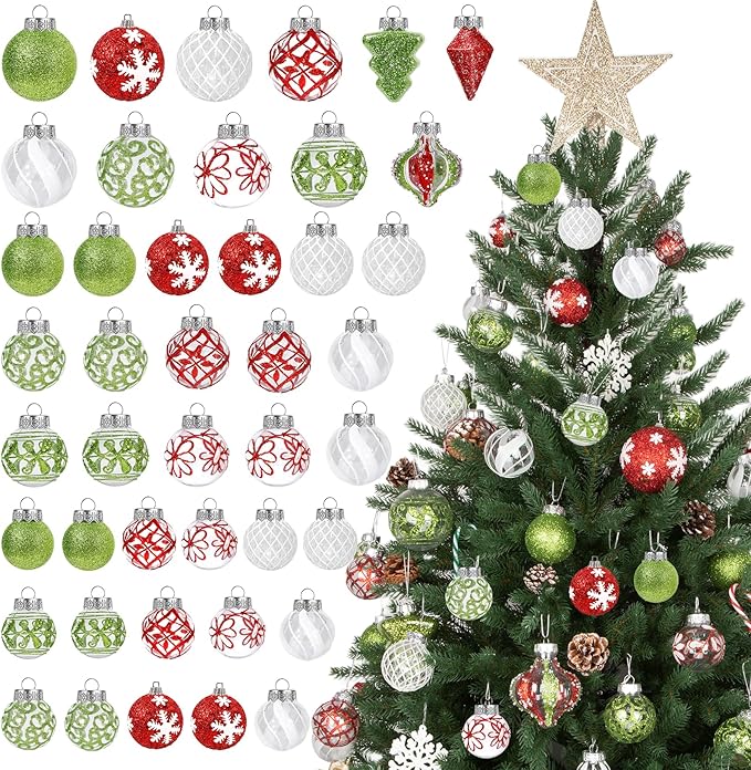 43 PCS Christmas Ball Ornaments Set, Clear Plastic Shatterproof White Red and Green Christmas Ornaments Hanging Balls Baubles Xmas Tree Decorations for Holiday Home Indoor Wedding Party Decor
