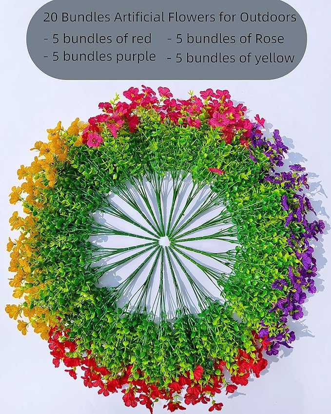 20 Bundles Artificial Flowers for Outdoors – UV Resistant Artificial Plants Outdoor, Realistic Silk Fake Flowers No Fade, for Porch, Garden, Patio, Planter