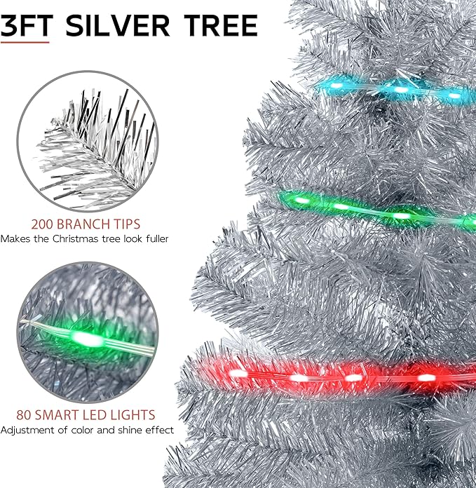 Silvery 3ft Christmas Tree with Lights, Small 36inch Artificial Tree Mini Table Top Decorations, Xmas Desk Tree with 80 Colored Lights, 200 Branch, Holiday Decor for Home,Indoor Office Tabletop
