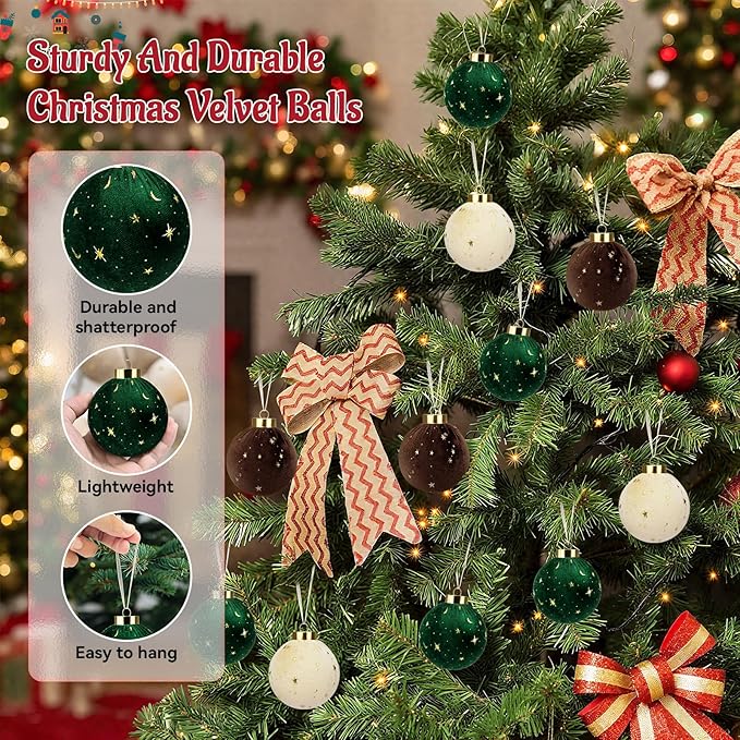 Christmas Tree Ornaments Velvet Balls - 12 Pcs Shatterproof Christmas Tree Hanging Bulbs Decorations Set for Holiday Party Xmas - Multicolor Green Brown Neutral - 3.15 Inch (80mm)