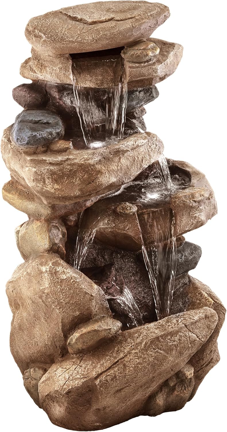 Alpine Corporation WIN315 40" Floor Fountain – Tiered Brown Rock Water Feature with Color-Changing LED & Remote – Cascading Streams for a Tranquil Garden, Patio, Yard, Deck, or Porch, Light Brown
