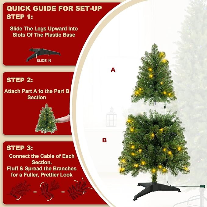 4ft Prelit Christmas Tree with 75 Warm White LEDs – 225 Tips, Hinged Branches, Plastic Stand – Small 4 Foot Christmas Tree for Bedroom, Office, Apartment Holiday Decor