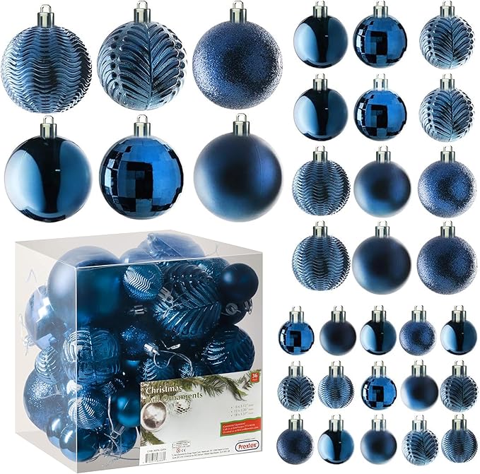 PREXTEX 36 Piece Blue Christmas Ornaments Set with Hanging Loops - Durable, Shatterproof Christmas Balls in 3 Sizes and 6 Styles - Midnight Blue Xmas Decorations for Trees, Wreaths, and Holiday Decor