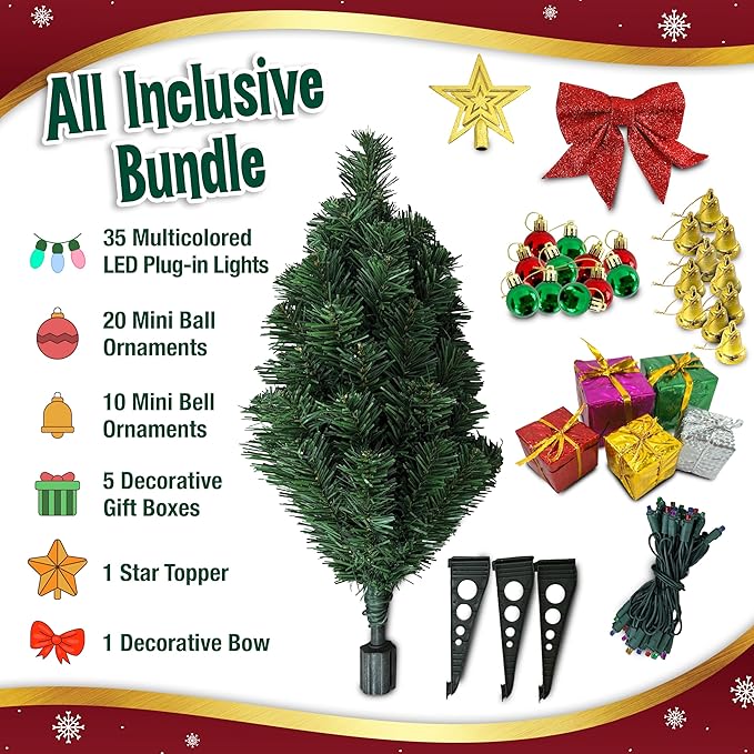 Small Christmas Tree with Lights - 23 Inch Mini Tabletop Christmas Tree with Multi-Color LED Lights, Hanging Ornaments, Decorative Bow and Gift Boxes - Prelit Table Tree for DIY Christmas Decoration