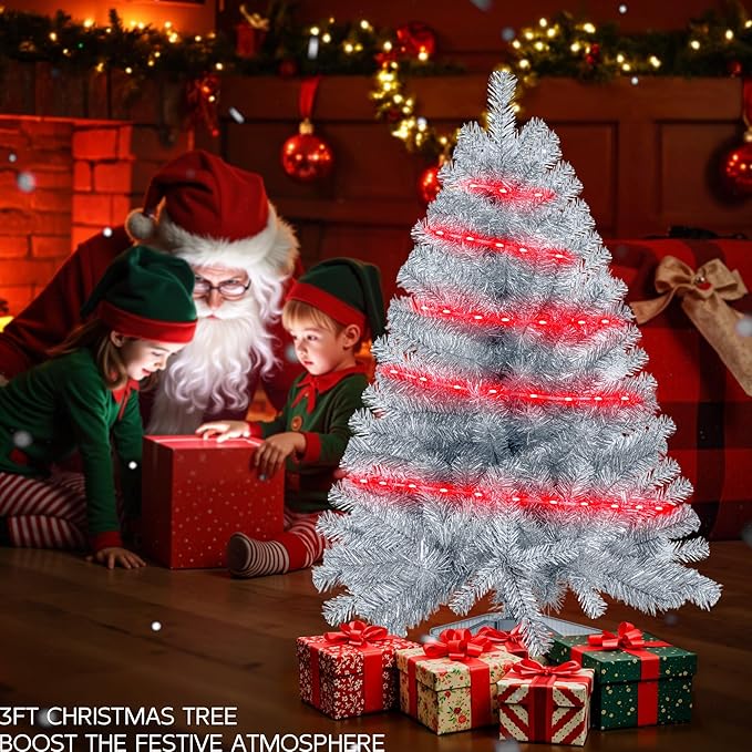 Silvery 3ft Christmas Tree with Lights, Small 36inch Artificial Tree Mini Table Top Decorations, Xmas Desk Tree with 80 Colored Lights, 200 Branch, Holiday Decor for Home,Indoor Office Tabletop