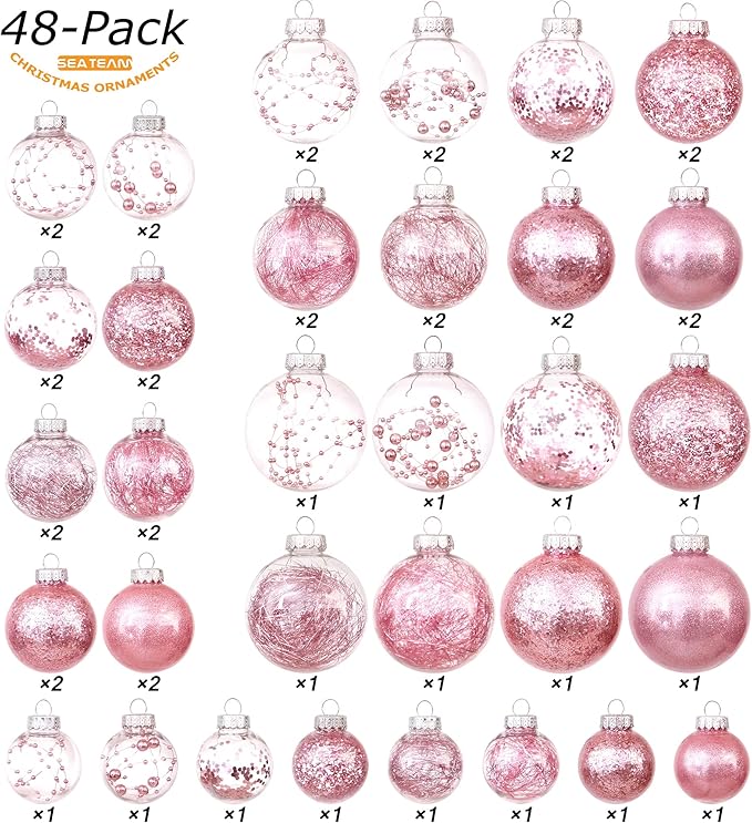 Sea Team Christmas Baubles Set of 48 Shatterproof Clear Plastic Christmas Baubles Multi-Size Decorative Baubles with Stuffed Delicate Decorations (48 Pieces, Pink)