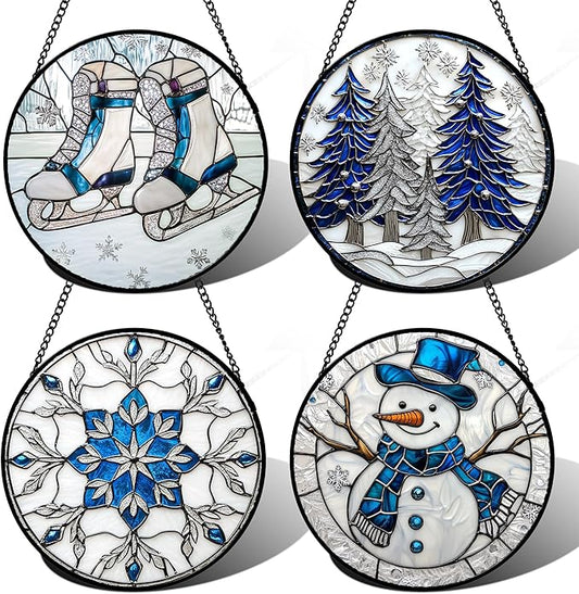 Stained Glass Window Hanging 4 Pcs Set White Winter Christmas Snow Scene 7.8" - Suncatcher Door Garden Sun Catcher Decor Birthday for Mom Woman Nana Men Friend Wife
