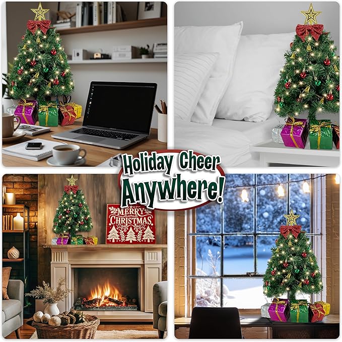 Small Christmas Tree with Lights - 23 Inch Mini Tabletop Christmas Tree with Warm-White LED Lights, Hanging Ornaments, Decorative Bow and Gift Boxes - Prelit Table Tree for DIY Christmas Decoration