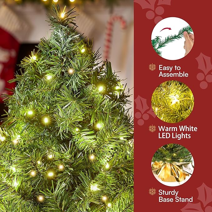 JOIEDOMI 24"/2FT Small Tabletop Christmas Tree with LED Warm Lights, Table Top Christmas Decorations Pre-lit Artificial Xmas Tree, Green Mini Tree for Christmas Decorations Indoor Xmas Party Décor