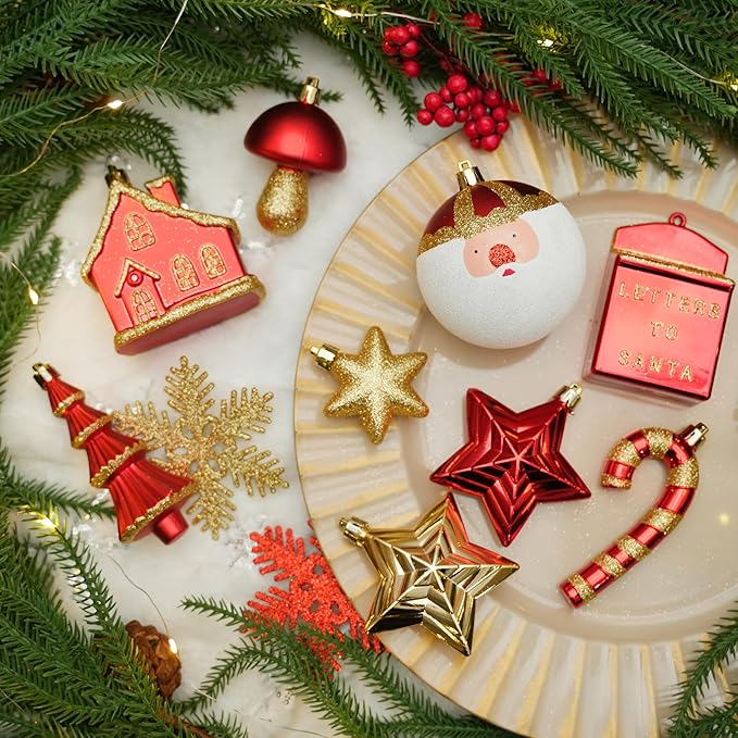 SHareconn 80ct Christmas Balls Ornaments Set, Shatterproof Plastic Colorful Xmas Decorative, Baubles for Tree Decorations with Hanging Strings, Red & Gold