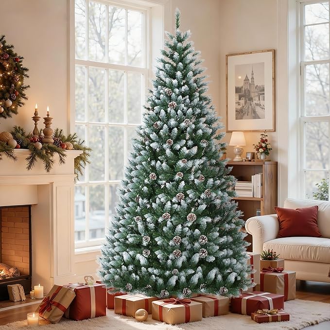 7.5FT Pre-Lit Artificial Christmas Tree with White Lights, PE & PVC Artificial Xmas Tree,Auto-Spread/Close Up Branches, Foldable Stand for Home, Office, Party Decoration for Xmas Holiday