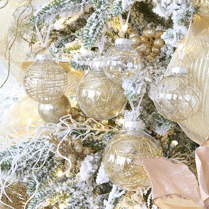Sea Team Shatterproof Clear Plastic Christmas Ball Ornaments Decorative Xmas Balls Baubles Set with Stuffed Delicate Decorations (100mm/3.94 inch 16-Pack, Gold)
