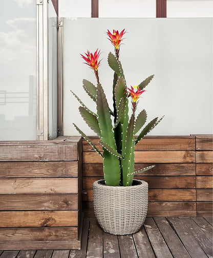 33 Inch Large Artificial Cactus with Magenta Flowers in Pot with Natural Gravel. Satin Finish Leaves with Real Look and Feel. Outdoor and Indoor Faux Plants.