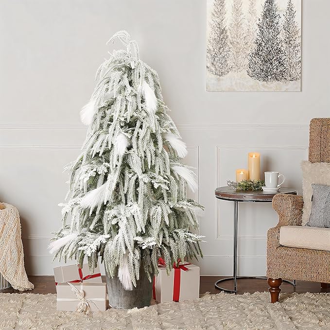 LuxenHome 4FT Unlit Flocked Christmas Tree, Small Potted Christmas Trees with Downswept Branches and Feather Accents, White Snowy Finish Stylish Faux Artificial Trees for Outdoors Holiday Decorations