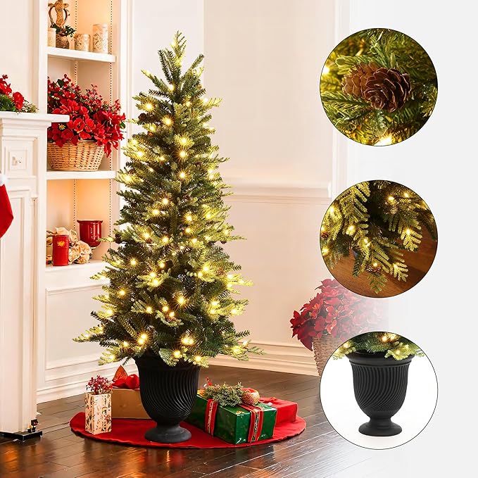 LuxenHome 4.5FT Potted Christmas Tree, Prelit Artificial Small Christmas Trees with 150 LED Lights, Slim Xmas Tree Pre-lit with Pine Cone and Black Fluted Urn Style Pot for Entryway, Living Room