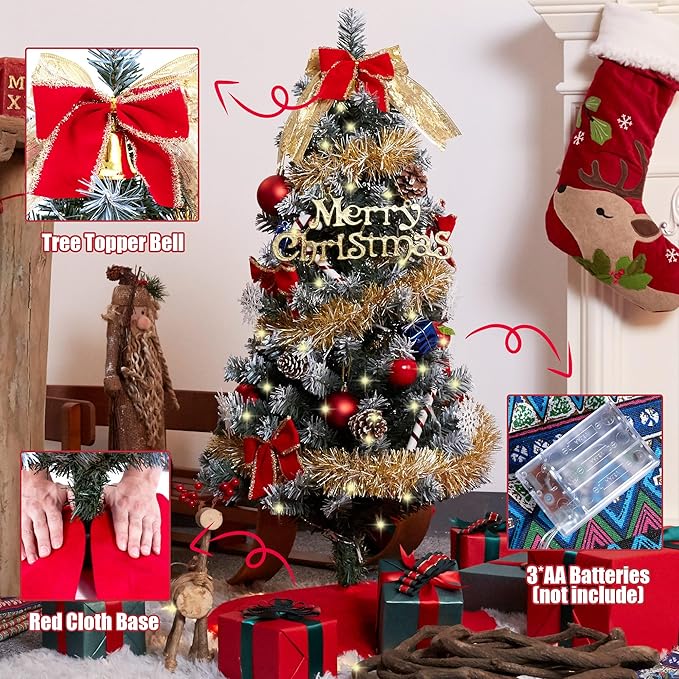 3ft Christmas Tree with Lights, Christmas 36inch Small Artificial Tabletop Tree, Xmas Desk Mini Tree with 50 LED Lights, Hanging Ornaments Decorations, Holiday Tree for Home Decor, Indoor, Office