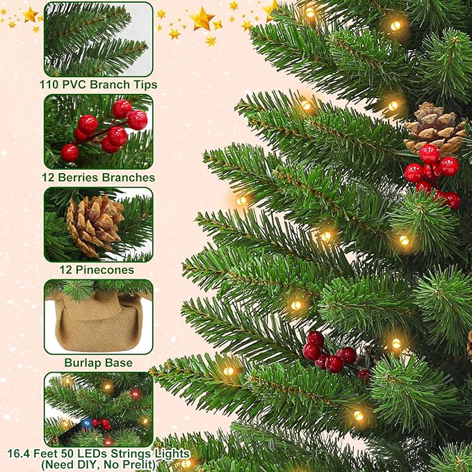12 Modes & Remote Control - 3 Ft Christmas Tree, Artificial Tabletop Small Christmas Tree Timer 50 Warm White & Multicolored Lights Pine Cones Red Berried Classics Branch Xmas Tree Home Table Decor