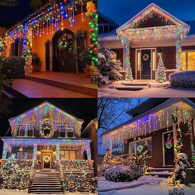 Dazzle Bright Christmas Icicle Lights, 88.5 FT 1080 LED 8 Modes Curtain Fairy Lights with 180 Drops, Xmas String Lights for Outdoor Holiday Wedding Party Decorations (Multi-Colored)