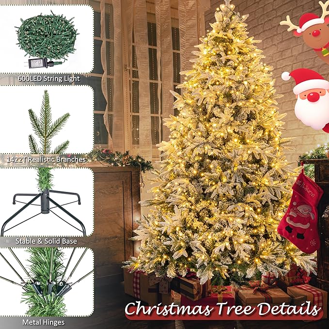 Sunnyglade 7.5ft Artificial Snow Flocked Christmas Tree with 600 LED Lights (Not pre-lit), Xmas Tree Full Tree with 1422 Branch Tips & 11 Modes Light, RGB & Warm White Light, Foldable Stand for Home