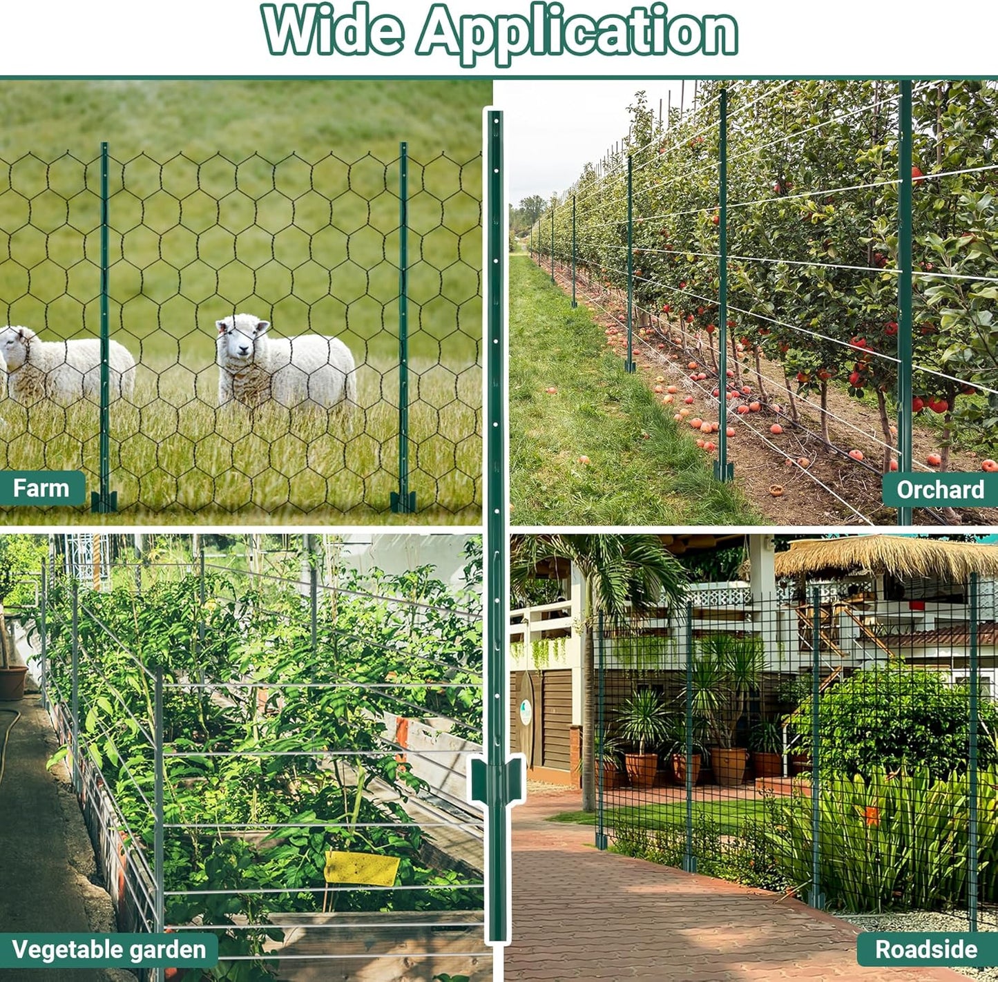 Fence Post 4.8 FT - 10 Packs, Metal Heavy Duty U Posts, Powder-Coated for Long-Lasting Use, Perfect for Holding Wire &Plastic Mesh, Corner Anchors, Green