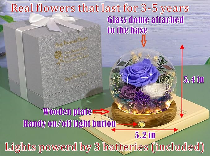 Valley of Rain & Forest Long-Lasting Real Flowers, Unique Floral Gift For you to send Love for All Occasions, for Indoor Decoration (Violet Rose, Purple & White Austin Roses)
