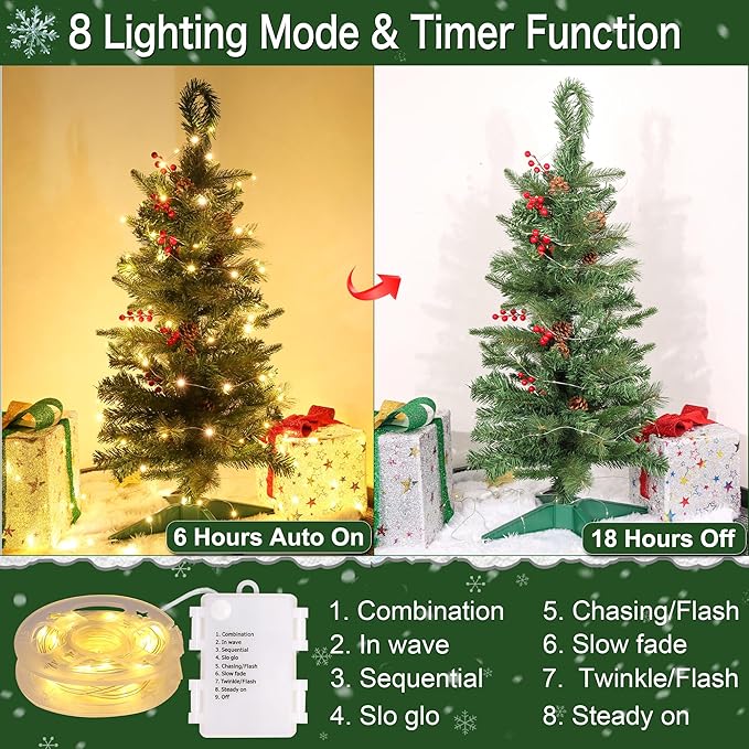 3 Ft Green Christmas Tree with Lights, Timer 8 Modes DIY 50 Warm White Lights Battery Operated Small Artifical Full Xmas Tree Pine Needles Cones Red Berry for Tabletop Home Indoor Holiday Party Decor