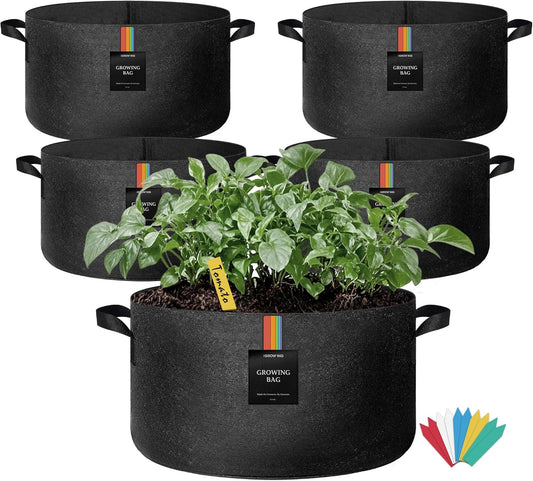 The Growing 5 Pack 15 Gallon Fabric Grow Bags，Thickened Aeration Nonwoven Fabric Plant Pots with Durable Handles,Heavy Duty 300G Planter Pot for Tomato, Fruits, Vegetables and Flowers, Black