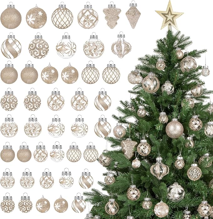 43 PCS Christmas Ball Ornaments Set, Clear Plastic Shatterproof Champagne Christmas Ornaments Hanging Balls Baubles Xmas Tree Decorations for Holiday Home Indoor Wedding Party Decor