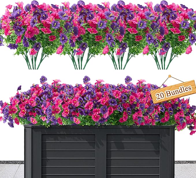 Artificial Flowers for Outdoors Decoration,20 Bundles Fake Morning Glory Petunias for Outside Artificial Faux Plants for Home Porch Patio Balcony Planter Yard Garden Dark Purple Light Purple