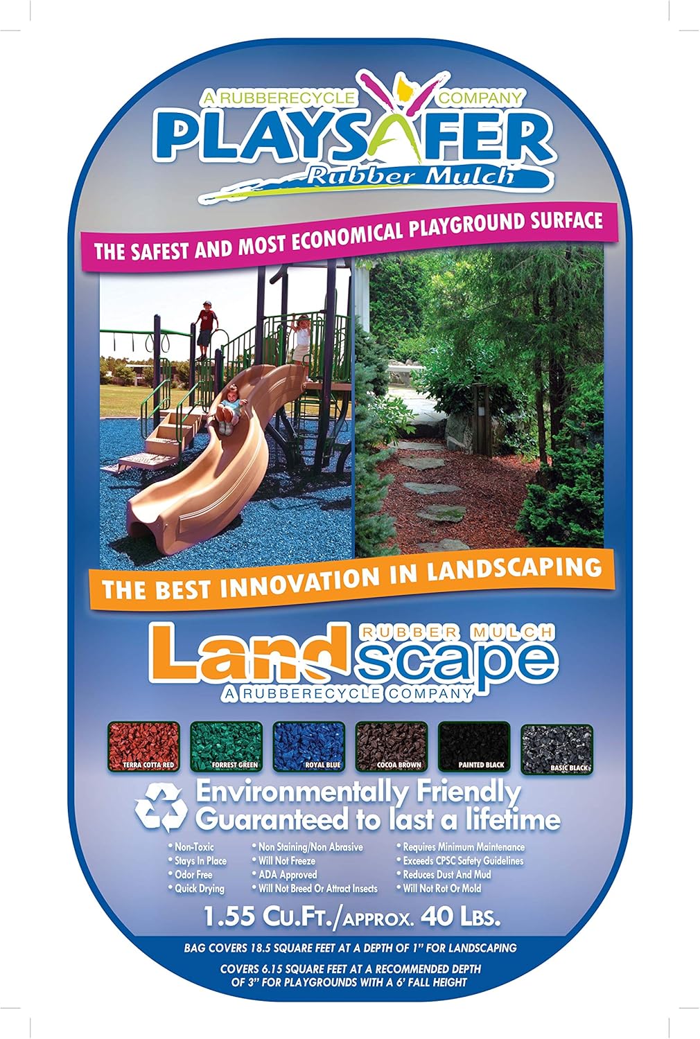 Playsafer Rubber Mulch Nuggets Protective Flooring for Playgrounds, Swing-Sets, Play Areas, and Landscaping (40 LBS - 1.55 CU. FT., Green)