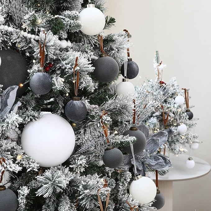 Sea Team 4-Pack Large Flocked Velvet Christmas Tree Ball Ornaments Set, Hanging Velour Baubles, Shatterproof Plastic Decorations for Xmas Tree, Wreath, Garland, 150mm/5.91 Inches, Gray