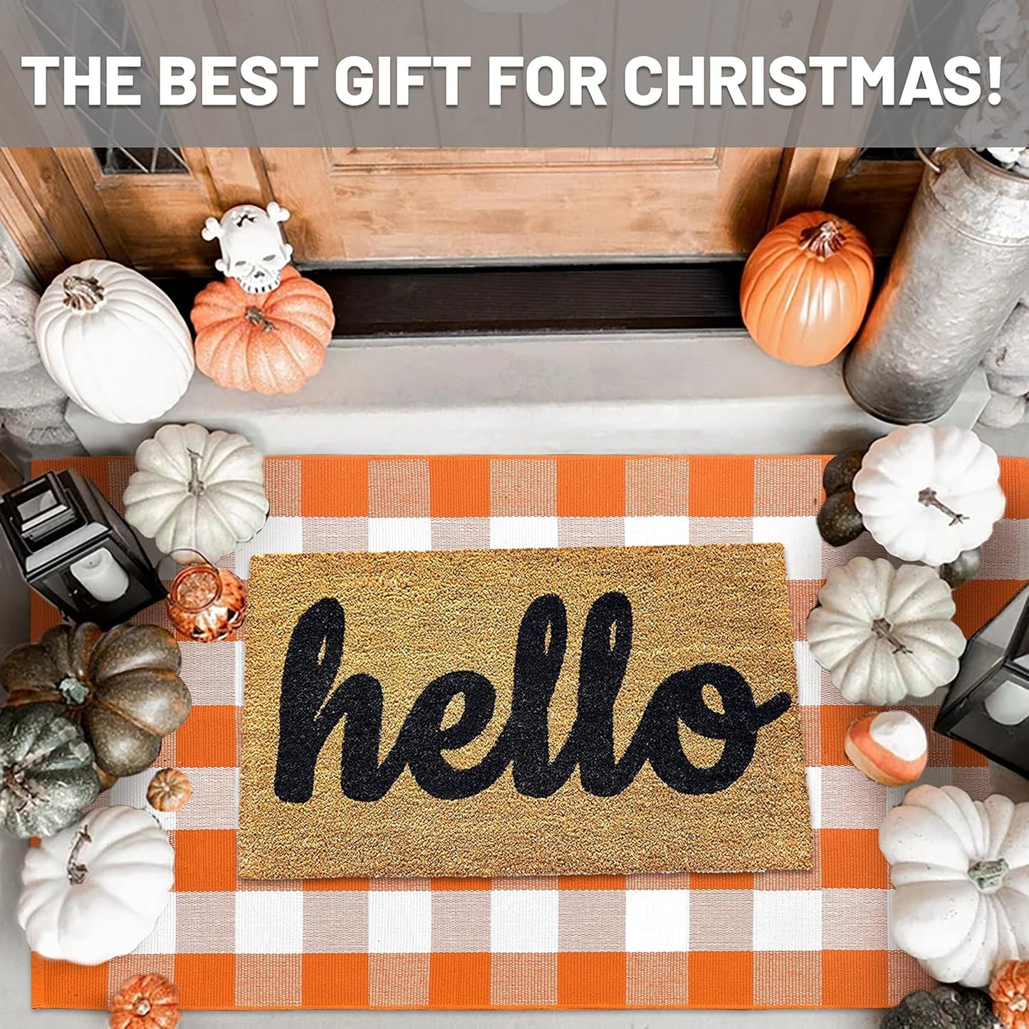 IOHOUZE Fall Buffalo Plaid Check Rug Outdoor Doormat 3x5 Ft Washable Woven Outdoor Indoor Welcome Mats for Front Door/Farmhouse/Entryway/Home Entrance Orange and White Outdoor Rug