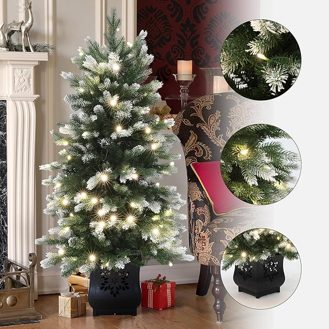 LuxenHome 4FT Potted Christmas Tree, Prelit Small Christmas Trees with 100 Warm White LED Lights, Slim Faux Tree Pre-lit with Black Square Base, Artificial Pine Trees for Indoor, Outdoor Holiday Decor