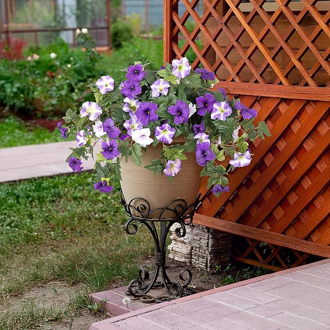 Artificial Fake Flowers Plants for Outdoor Decoration, 2PCS Faux Petunias Silk Flower UV Resistant No Fade for Home Outside Garden Balcony Yard Porch Realistic Indoor Decor (Purple White)