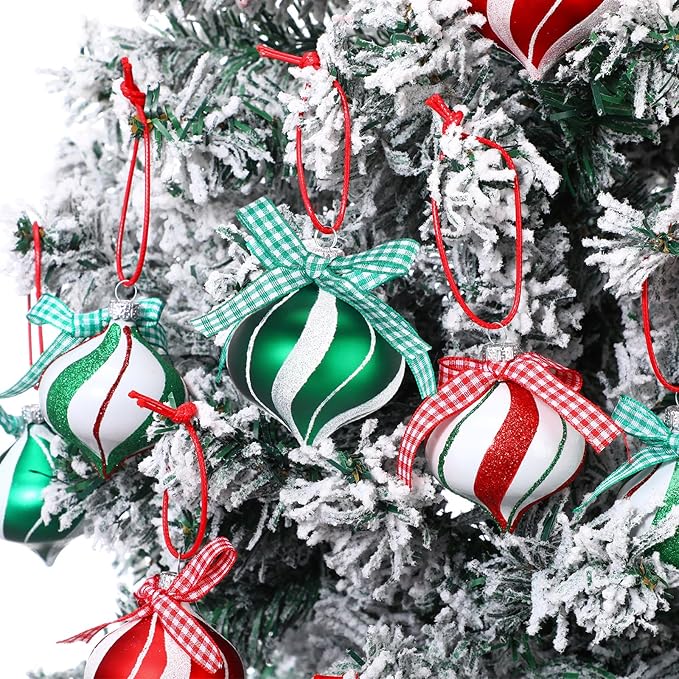 Syhood 24 Pcs Christmas Tree Ornaments, Christmas Ball Decorations Set, Shatterproof Baubles Xmas Tree Hanging Decor, Peppermint Candy Ball Red White Green Stripes Party Holiday(Bright,2.36 Inches)