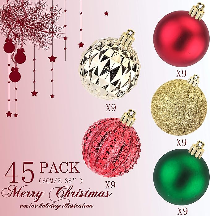 45Pcs 6cm/2.36inch Christmas Balls Glitter Ornaments Set, Shatterproof Plastic Xmas Tree Hanging Ornament, Christmas Decorations Balls for Holiday Festival Wedding House Bar Party(Red/Gold/Green)