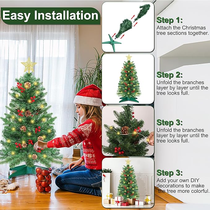 3 Ft Green Christmas Tree with Lights, Timer 8 Modes DIY 50 Warm White Lights Battery Operated Small Artifical Full Xmas Tree Pine Needles Cones Red Berry for Tabletop Home Indoor Holiday Party Decor