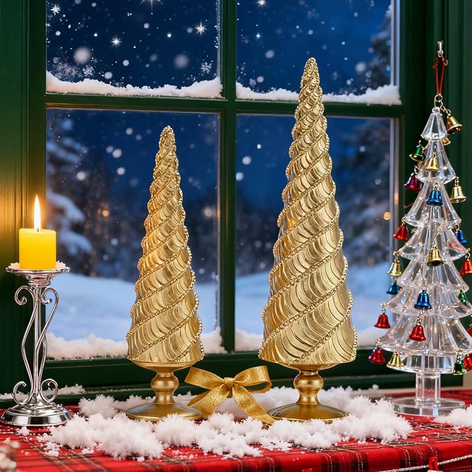 2Pcs Christmas Tree Figurines, Gold Resin Christmas Trees with Spiral Design, Small Decorative Tabletop Trees for Mantel, Modern Holiday Home Decor for Living Room, Office, Shelf, Festive Centerpiece