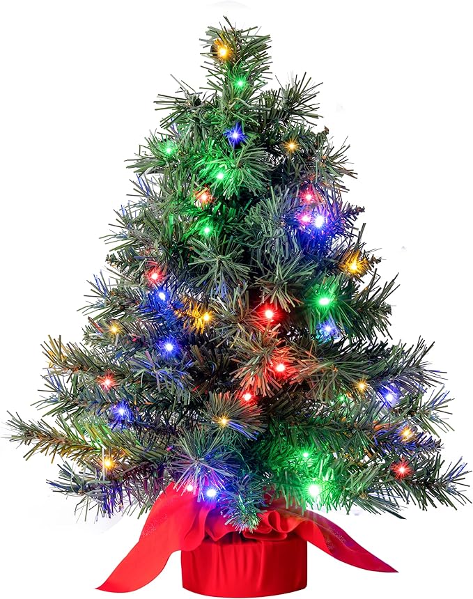 JOIEDOMI 24"/2FT Small Tabletop Christmas Tree with Multi-Color LED Lights, Table Top Christmas Decorations Pre-lit Artificial, Green Mini Lighted Tree for Xmas Decorations Indoor Party Décor