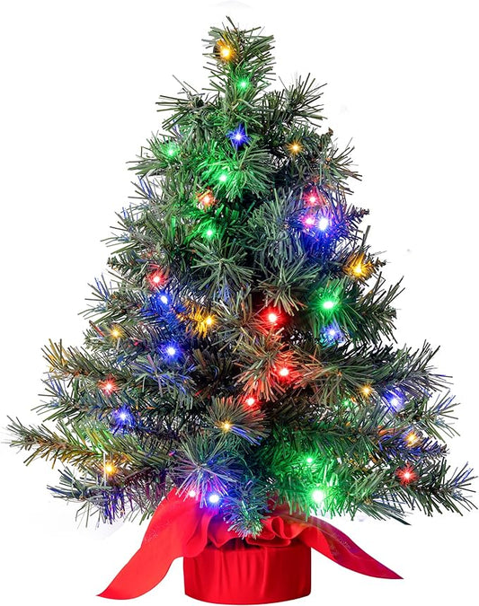 JOIEDOMI 24"/2FT Small Tabletop Christmas Tree with Multi-Color LED Lights, Table Top Christmas Decorations Pre-lit Artificial, Green Mini Lighted Tree for Xmas Decorations Indoor Party Décor