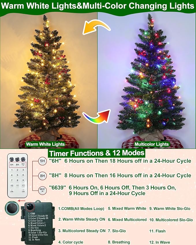 12 Modes & Remote Control - 3 Ft Christmas Tree, Artificial Tabletop Small Christmas Tree Timer 50 Warm White & Multicolored Lights Pine Cones Red Berried Classics Branch Xmas Tree Home Table Decor