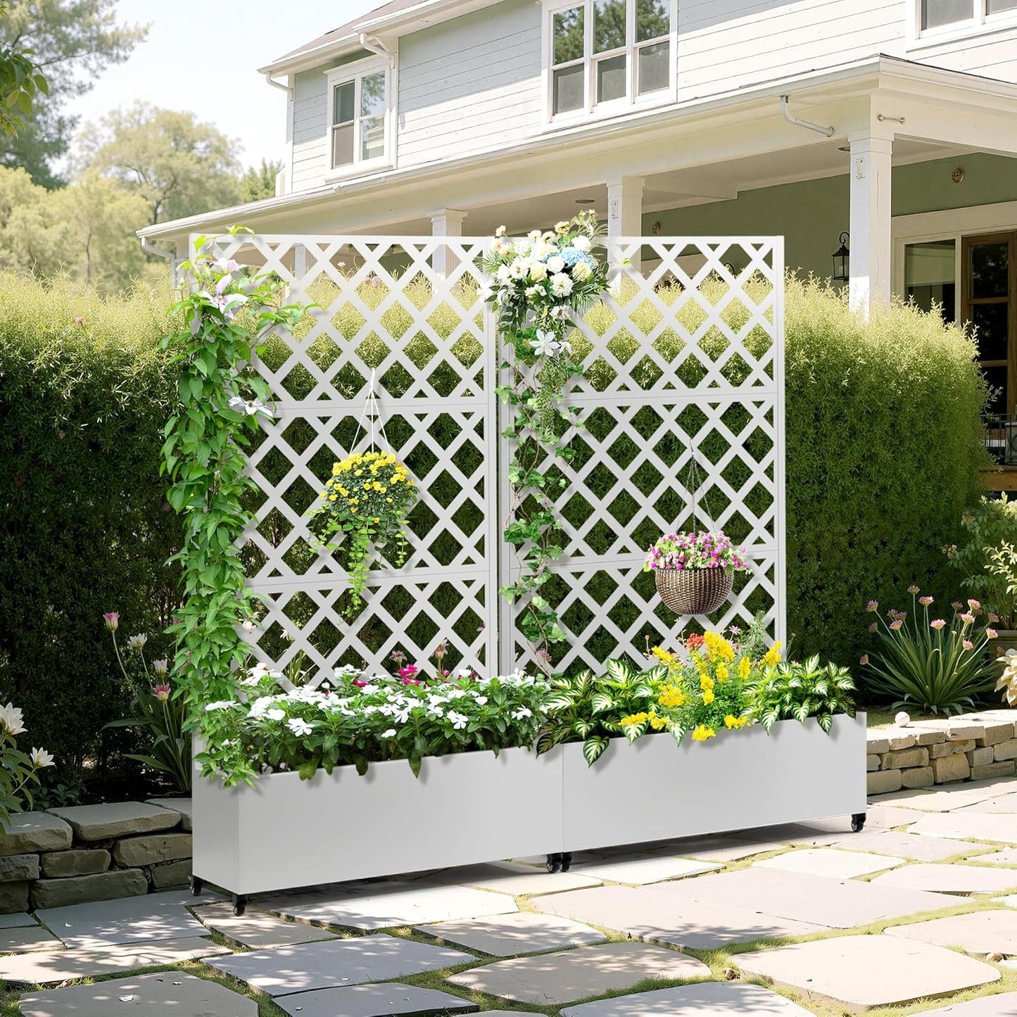 Metal Planter Box with Trellis & Wheels, Raised Garden Bed with Privacy Screen, Outdoor Standing Flower Beds with Drainage Hole for Climbing Plants, Vine, 35.4" L x 15.7" W x 70.9" H, White