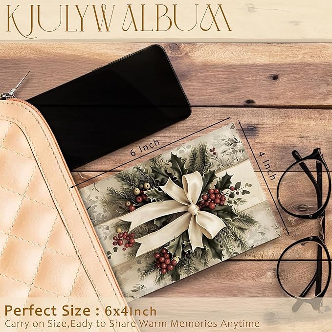 Christmas Photo Albums 4x6 Pictures, Vintage Coquette Bow Xmas Holly Berries Holiday Small Memory Photo Album Book for Baby Family Graduation Wedding Travel Vacation