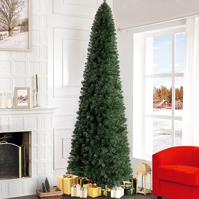 Vienna 9ft Prelit Slim Artificial Christmas Tree with 1455 Branch Tips, 500 Warm Lights and Metal Stand, 37" Wide Realistic Skinny Pencil Christmas Tree with Lights by Naomi Home