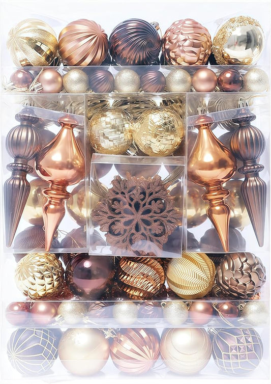 Christmas Tree Ornaments Decorations Set-116ct 1.18-6.5 Inch Assorted Copper Gold Shatterproof Decorative Hanging Christmas Ball Ornaments Bulk,Xmas Tree Tabletop Decorations for Holiday Decor
