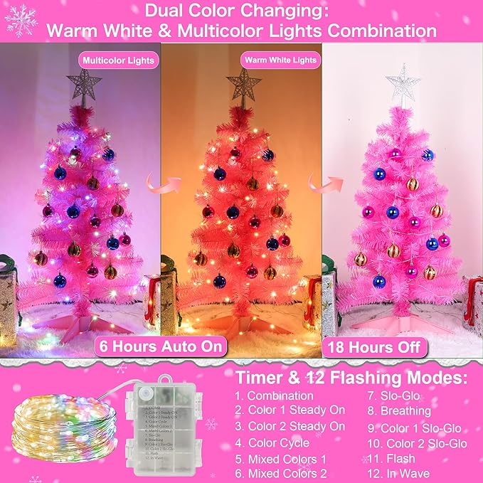 3 Ft Pink Christmas Tree Tinsel Dual Color Change 12 Modes Timer DIY 50 Warm White & Colored Lights 15 Ball Ornaments Star Battery Operated Small Artificial Full Xmas Tree Table Indoor Holiday Decor